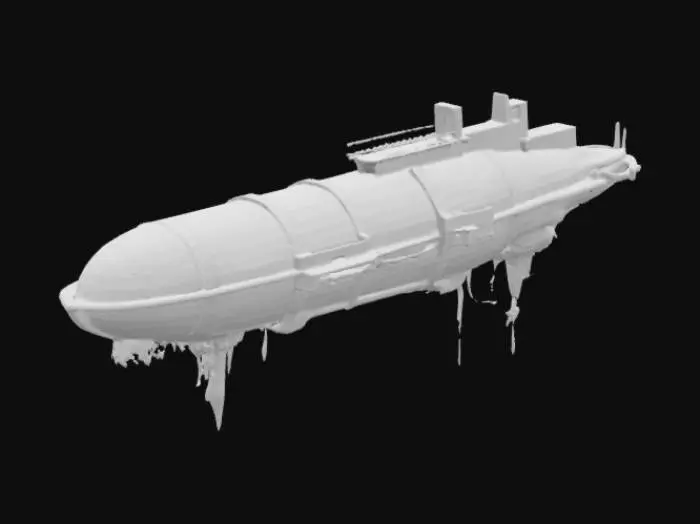 3D model for An ancient ethereal skyship hovering above the clouds, seemingly defying physics. Its hull is crafted from a mysterious stone-like material, covered in glowing arcane symbols that shift and pulsate with energy. Instead of traditional sails, massive floating crystals emit a soft blue glow, creating an anti-gravity effect. The ship's deck is lined with intricate, vine-covered engravings, as if nature and technology have merged into one. 