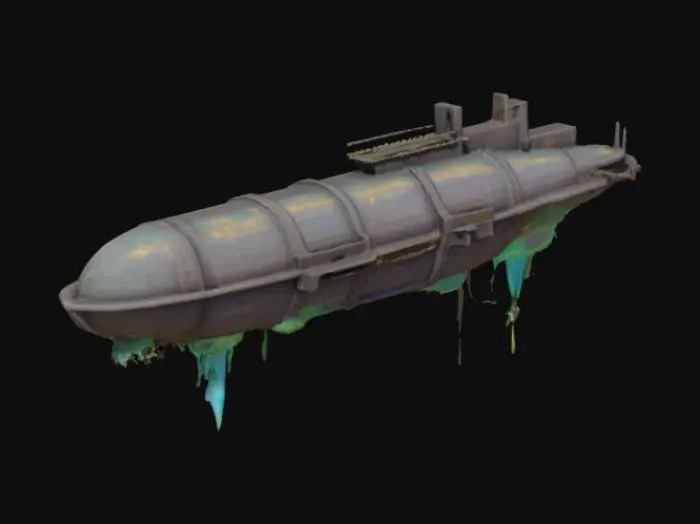 3D model for An ancient ethereal skyship hovering above the clouds, seemingly defying physics. Its hull is crafted from a mysterious stone-like material, covered in glowing arcane symbols that shift and pulsate with energy. Instead of traditional sails, massive floating crystals emit a soft blue glow, creating an anti-gravity effect. The ship's deck is lined with intricate, vine-covered engravings, as if nature and technology have merged into one. 