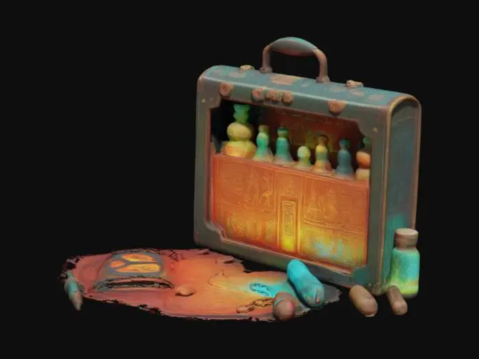 3D model for A relic of an ancient civilization, this potion suitcase is covered in luminous hieroglyphics that flicker like embers. Strange alchemical bottles within glow in vibrant hues, each infused with mystical energy. The case hums faintly, as if still charged with its creator’s lost power.