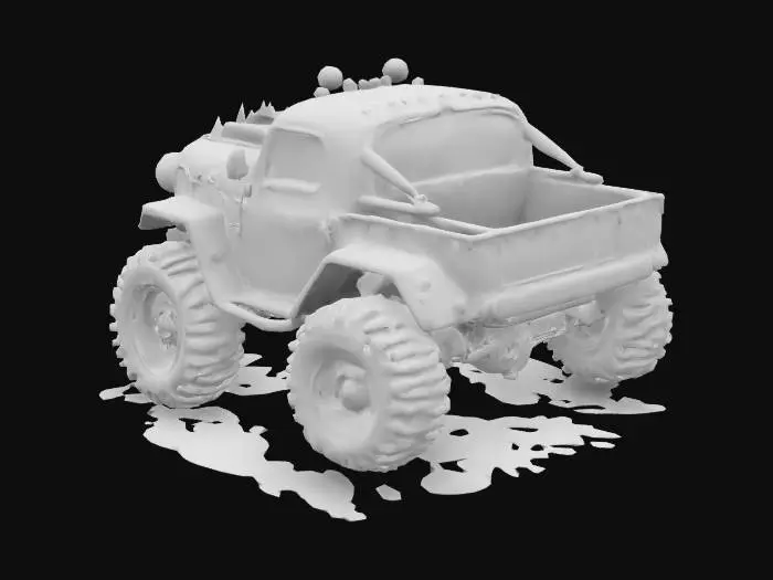 3D model for A Mad Max-inspired vehicle, rusted and weathered, with thick goo oozing from every crack. The car is made from scavenged metal parts, spiked wheels, and a jagged front grill. The ooze drips onto the ground, leaving a trail of glowing green slime.
