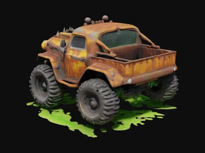 3D model for A Mad Max-inspired vehicle, rusted and weathered, with thick goo oozing from every crack. The car is made from scavenged metal parts, spiked wheels, and a jagged front grill. The ooze drips onto the ground, leaving a trail of glowing green slime.
