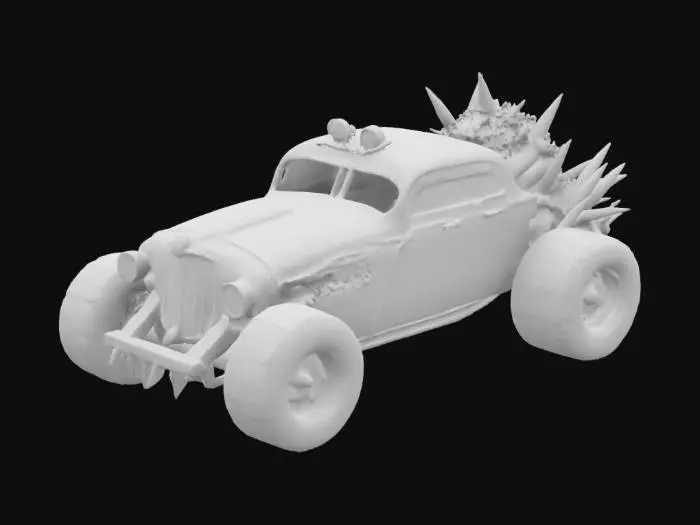 3D model for A Mad Max-inspired vehicle, rusted and weathered, with thick goo oozing from every crack. The car is made from scavenged metal parts, spiked wheels, and a jagged front grill. The ooze drips onto the ground, leaving a trail of glowing green slime.