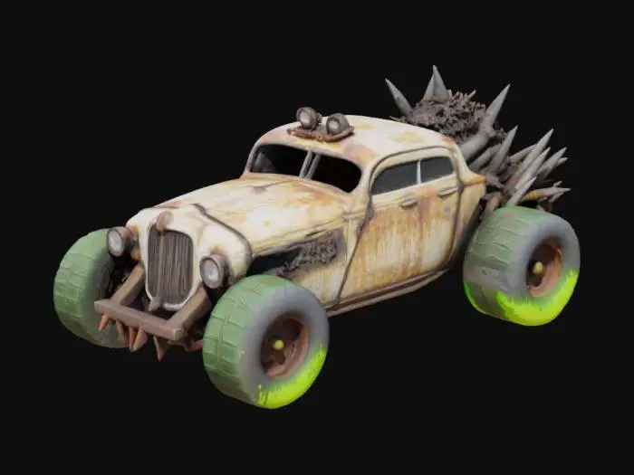 3D model for A Mad Max-inspired vehicle, rusted and weathered, with thick goo oozing from every crack. The car is made from scavenged metal parts, spiked wheels, and a jagged front grill. The ooze drips onto the ground, leaving a trail of glowing green slime.