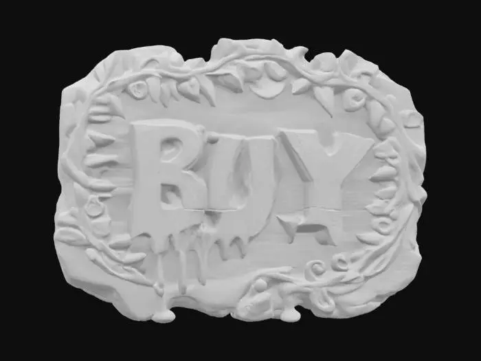 3D model for a detailed ancient wooden sign carved with the words 'BUY'. Glowing blue ooze dripping. Ultra realistic. 
