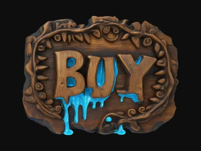 3D model for a detailed ancient wooden sign carved with the words 'BUY'. Glowing blue ooze dripping. Ultra realistic. 
