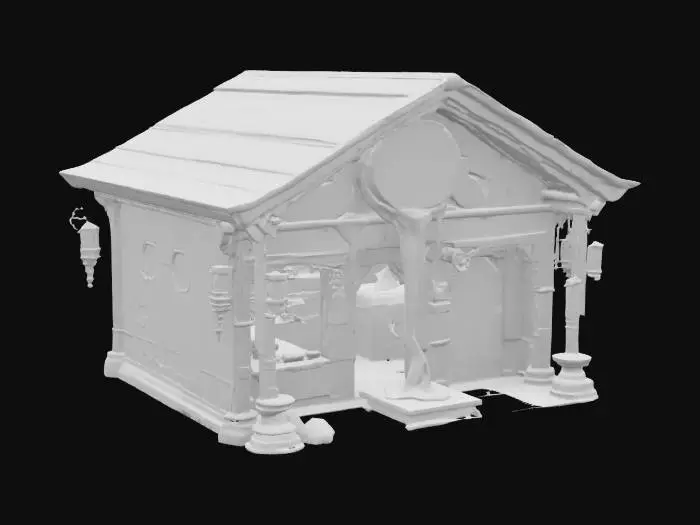 3D model for a ultra detailed medicine marketplace hut made from ancient metal. Glowing blue ooze. Ultra realistic. 
