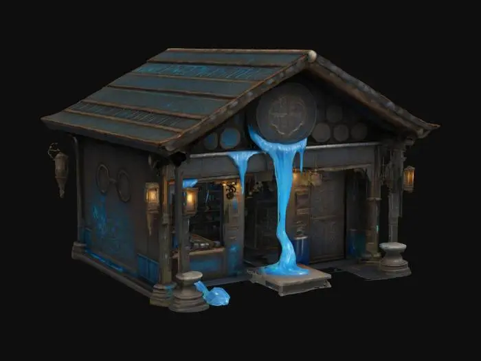 3D model for a ultra detailed medicine marketplace hut made from ancient metal. Glowing blue ooze. Ultra realistic. 
