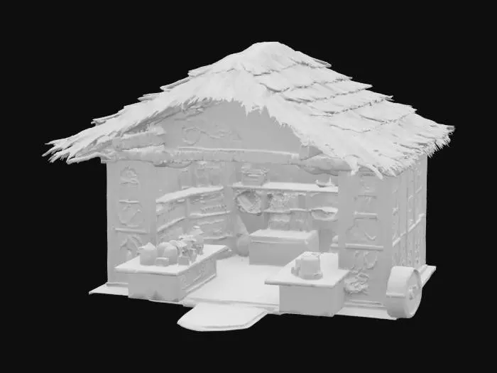 3D model for a ultra detailed medicine marketplace hut made from ancient metal. Glowing blue ooze. Ultra realistic. 
