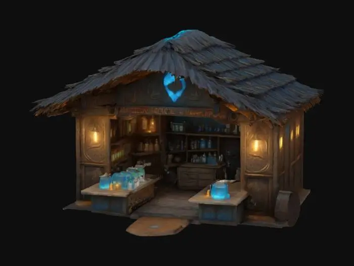 3D model for a ultra detailed medicine marketplace hut made from ancient metal. Glowing blue ooze. Ultra realistic. 
