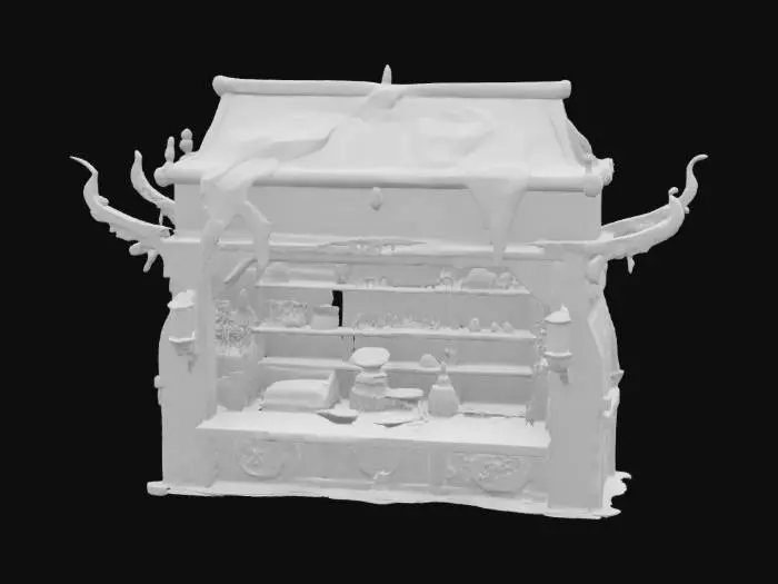 3D model for a ultra detailed medicine marketplace hut made from ancient metal. Glowing blue ooze. Ultra realistic. 
