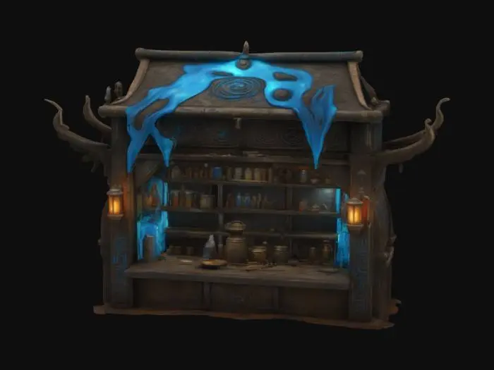 3D model for a ultra detailed medicine marketplace hut made from ancient metal. Glowing blue ooze. Ultra realistic. 
