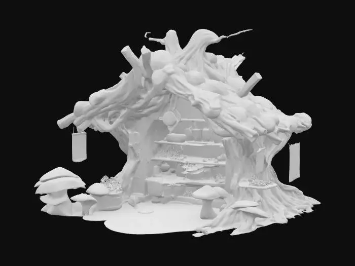 3D model for a detailed ancient marketplace vendors hut made from tree roots. Glowing pink ooze dripping and mushrooms growing. Ultra realistic. 
