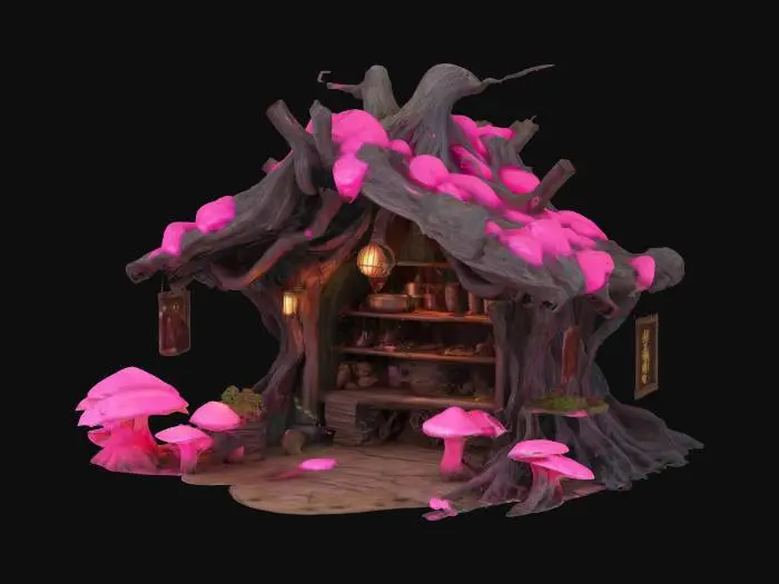 3D model for a detailed ancient marketplace vendors hut made from tree roots. Glowing pink ooze dripping and mushrooms growing. Ultra realistic. 
