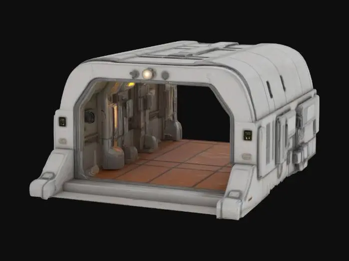 3D model for Ultra-high resolution ancient moon base modular curved wall featuring sleek metal panels with advanced tech interfaces. Includes glowing control lights, hanging wires, and reinforced sections. The wall has detailed textures with worn edges, digital readouts, and sci-fi accents for an immersive, high-tech lunar environment