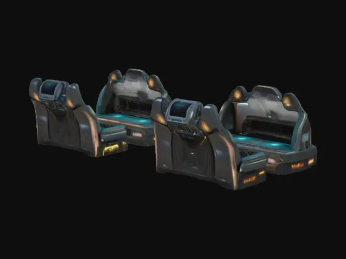 3D model for Ultra-high resolution pilot seats aboard a celestial being’s spaceship, featuring intricate, otherworldly design. The seats are crafted from glowing, metallic alloys, adorned with ethereal runes and celestial patterns. Soft, textured materials seem to hum with energy, while sleek, glowing control panels extend from the armrests. Each seat is surrounded by holographic displays, cosmic energy conduits, and ambient light, blending futuristic technology with divine aesthetics for an otherworldly, immersive experience