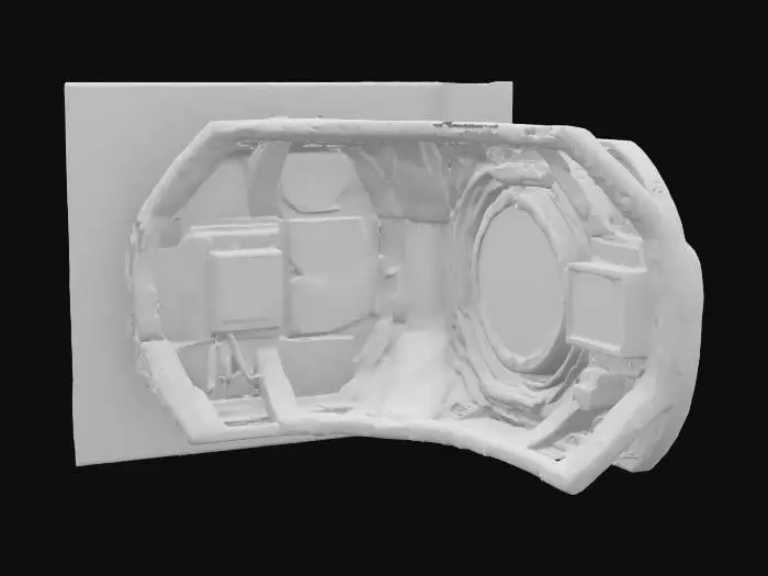 3D model for A heavily textured moon base curved corner wall with light metal panels, space equipment, and glowing circuitry running through its surface. Embedded cables and flickering holographic navigational displays add to its high-tech, cyberpunk aesthetic.