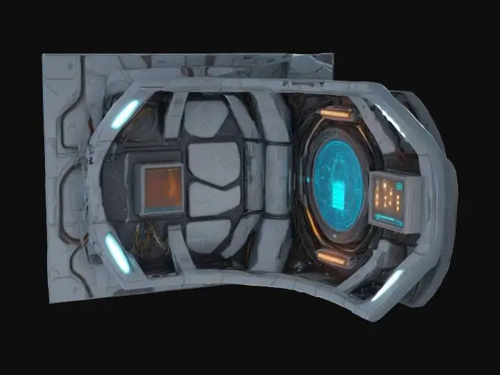 3D model for A heavily textured moon base curved corner wall with light metal panels, space equipment, and glowing circuitry running through its surface. Embedded cables and flickering holographic navigational displays add to its high-tech, cyberpunk aesthetic.