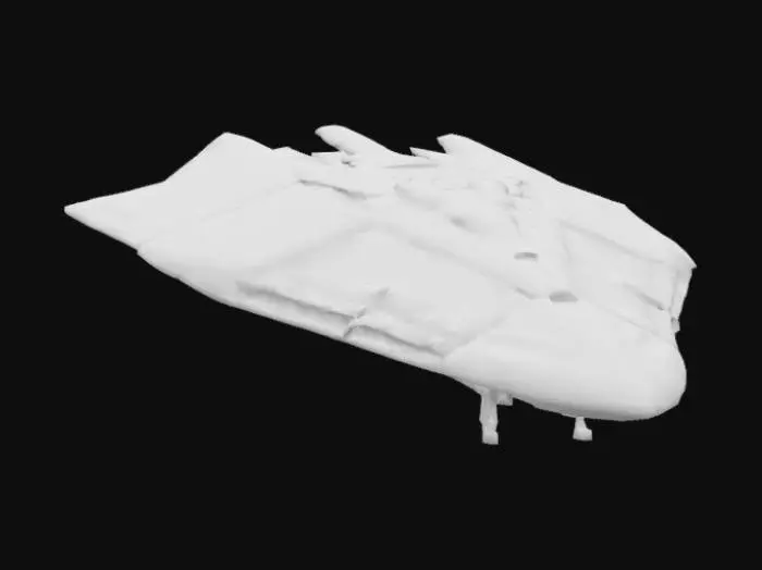 3D model for Ultra-detailed futuristic alien spaceship, triangular in shape, crashed halfway into the ground.
