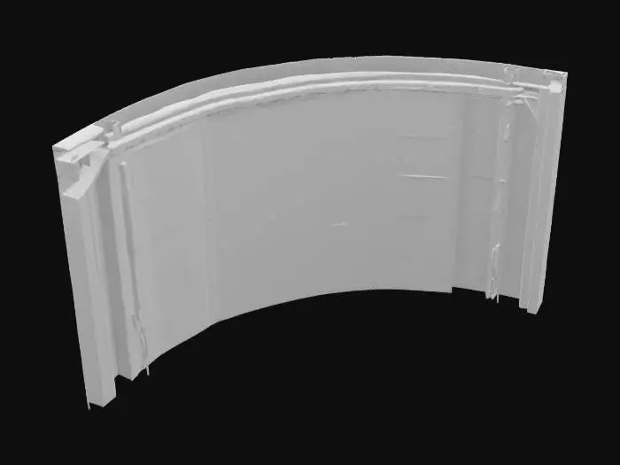 3D model for A heavily textured moon base curved corner wall with dark metal panels, space equipment, and glowing circuitry running through its surface. Small vents release bursts of steam, while embedded cables and flickering holographic navigational displays add to its high-tech appearance. 