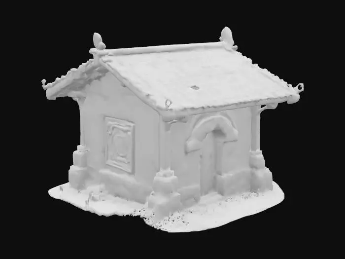 3D model for "An ancient white stone vendors hut, carved from weathered limestone, adorned with faded blue lines and ancient symbols, reminiscent of a forgotten civilization. Features cracks, moss growth, and eroded edges, capturing centuries of decay. Incorporates wooden beams, worn terracotta tiles, and decorative carvings. High-res FBX asset for Unreal Engine with PBR materials, 4K textures, UV unwrapping, optimized mesh geometry, and game-ready performance, perfect for immersive, photorealistic environments.