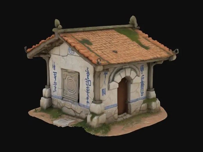 3D model for "An ancient white stone vendors hut, carved from weathered limestone, adorned with faded blue lines and ancient symbols, reminiscent of a forgotten civilization. Features cracks, moss growth, and eroded edges, capturing centuries of decay. Incorporates wooden beams, worn terracotta tiles, and decorative carvings. High-res FBX asset for Unreal Engine with PBR materials, 4K textures, UV unwrapping, optimized mesh geometry, and game-ready performance, perfect for immersive, photorealistic environments.
