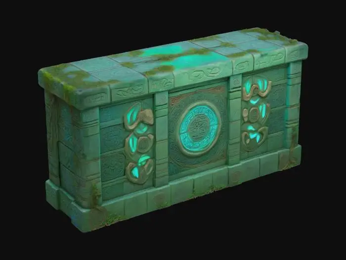 3D model for Highly detailed long ancient modular wall crafted from weathered stone with deeply carved, intricate temple-like designs. Covered in green hieroglyphics and blue celestial symbols, the wall displays millennia of wear and mystery, with sections cracked and chipped, revealing forgotten, glowing runes, lightly covered in growing tree roots. The carvings include ornate, organic patterns intertwined with mystic shapes, and some panels feature ancient relics embedded within the stone. The surface has a worn, crumbling texture, emanating a mystical energy, as if untouched by time yet holding untold power