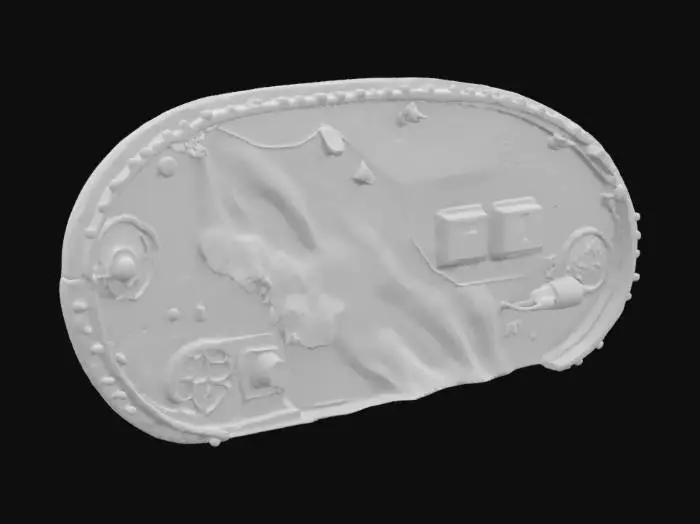 3D model for A heavily textured moon base curved corner wall with dark metal panels, space equipment, and glowing circuitry running through its surface. Small vents release bursts of steam, while embedded cables and flickering holographic navigational displays add to its high-tech appearance. 