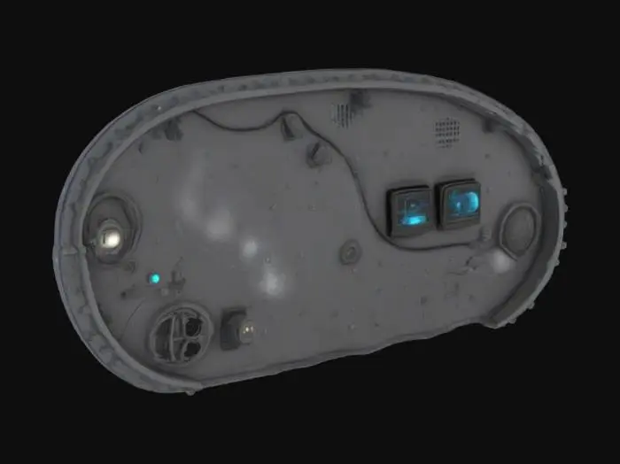 3D model for A heavily textured moon base curved corner wall with dark metal panels, space equipment, and glowing circuitry running through its surface. Small vents release bursts of steam, while embedded cables and flickering holographic navigational displays add to its high-tech appearance. 
