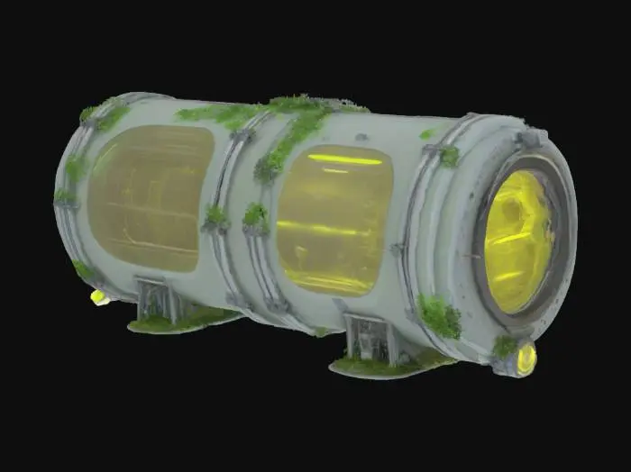 3D model for Ultra-realistic bio-reactor used on a moon base, designed for energy generation through organic processes. Features organic, semi-transparent panels filled with glowing bio-fluid conduits. The reactor is surrounded by metallic supports, with intricate piping and ventilation systems. Lush, bioluminescent plants grow within, interacting with high-tech machinery. Pulsating energy cores and glowing veins run through the structure, combining biotechnology with industrial design for a sustainable, futuristic moon base environment