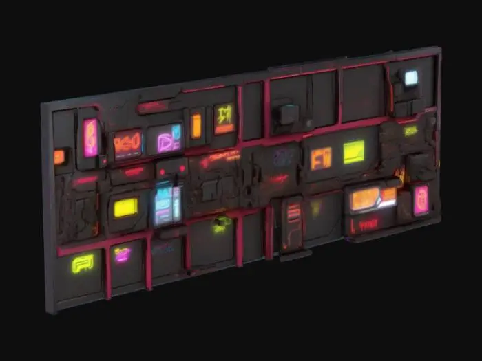 3D model for Modular cyberpunk wall with neon-lit panels, metallic surfaces, and glowing circuits. Features sleek, futuristic design with exposed wiring, interactive tech interfaces, and high-tech graffiti. Large scale. High resolution. Ultra Detailed. ultra realistic. 