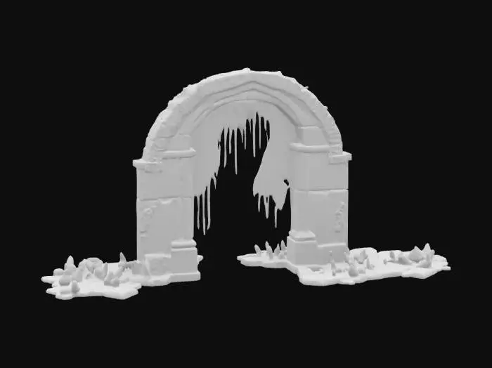 3D model for surreal ancient archway made of dark stone, intricately carved with blue ancient carvings. The stone should appear aged and eroded, with cracks running through the surface. The archway is dripping with a glowing, surreal green ooze, which trickles down the stone, pooling at the base. The ooze should have a liquid, otherworldly texture, emitting a faint bioluminescent glow. Soft ambient light should illuminate the archway, casting eerie reflections on the glowing ooze and emphasizing the detailed carvings and cracked stone.