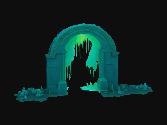 3D model for surreal ancient archway made of dark stone, intricately carved with blue ancient carvings. The stone should appear aged and eroded, with cracks running through the surface. The archway is dripping with a glowing, surreal green ooze, which trickles down the stone, pooling at the base. The ooze should have a liquid, otherworldly texture, emitting a faint bioluminescent glow. Soft ambient light should illuminate the archway, casting eerie reflections on the glowing ooze and emphasizing the detailed carvings and cracked stone.