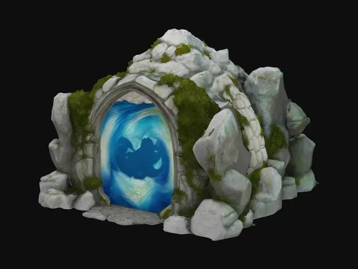 3D model for hyper-realistic 3D model of an ancient archway made of weathered white stone, intricately carved with green, moss-like patterns. The stone should be aged and cracked, showing centuries of decay. Instead of vines or roots, the archway is dripping with glowing blue ooze, pooling at the base. Inside the archway’s doorway, create a swirling, otherworldly portal that seems to pulse with energy, glowing with eerie, shifting colors. The portal should appear as if it's a rift in space-time, distorting the surroundings. Soft, atmospheric lighting should highlight the stone, ooze, and portal, casting dramatic shadows to create a mystical, surreal atmosphere that feels both ancient and otherworldly., #arch#