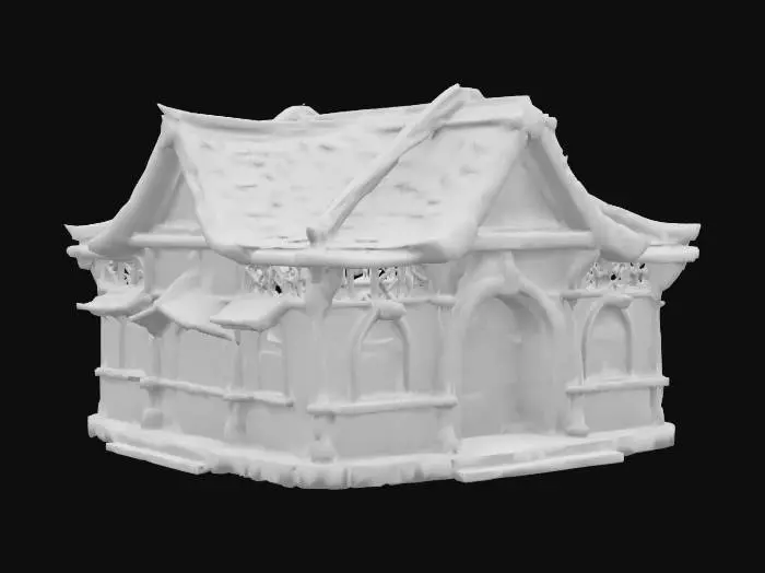 3D model for an ancient wooden clubhouse with blue and green neon lights hanging around the perimeter