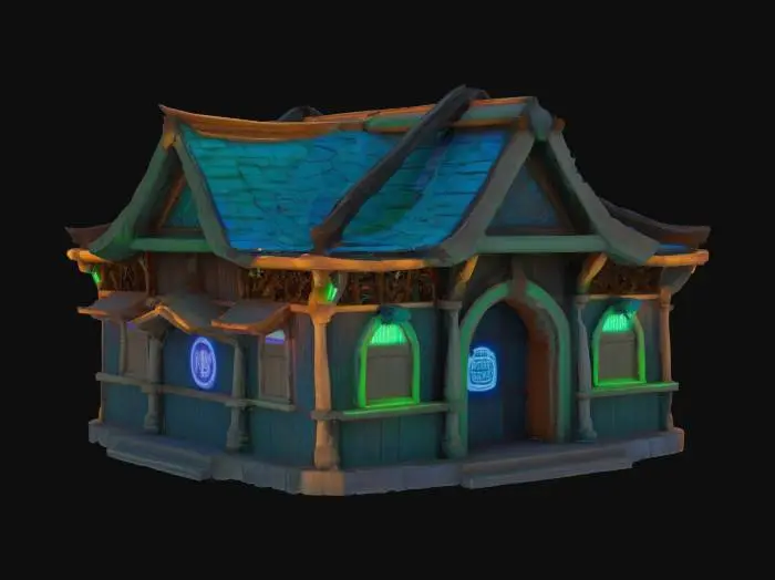 3D model for an ancient wooden clubhouse with blue and green neon lights hanging around the perimeter
