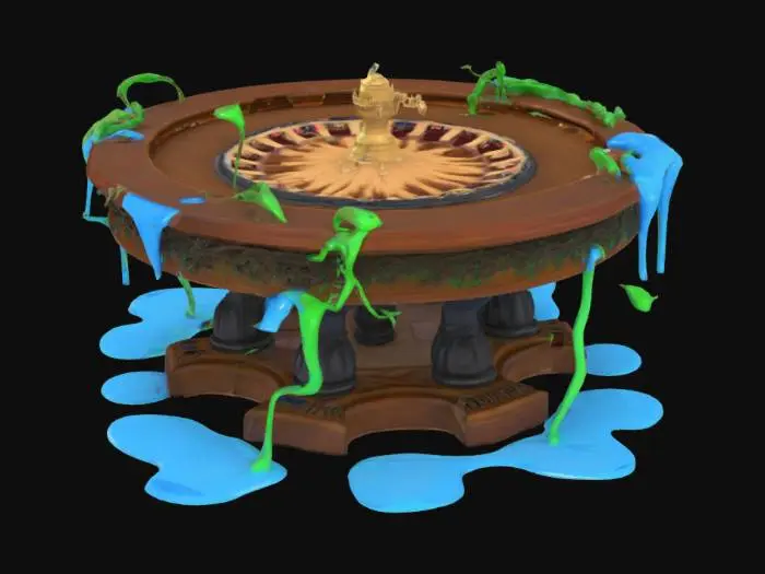3D model for a roulette table made of wood and vines....dripping with blue ooze