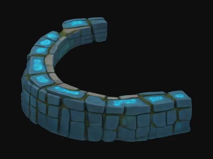 3D model for  hyper-realistic image of an ancient curved stone pathway made of weathered blue stone slabs, each slab cracked, chipped, and eroded by time. The surface features deeply carved glowing hieroglyphics, softly emitting cyan-blue light that reflects off nearby moss and damp stone. Stones show aged mineral veins, discoloration, and subtle shimmer. Moss creeps between seams, and a light fog rolls across the path. Lighting is soft and diffused, with glyph glow casting faint volumetric beams in the mist. Surrounding atmosphere feels sacred, mystical, and untouched.