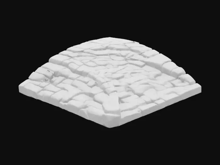 3D model for an ancient curved pathway made of weathered stone slabs, each etched with glowing hieroglyphics that pulse softly in hues of aqua, violet, and gold. The stones curve gently into the mist, disappearing into floating clouds or a cosmic void. Some slabs levitate slightly, broken by time but held aloft by unseen forces. Ethereal fog swirls at ground level, with floating particles and light distortions dancing around the glyphs. The surrounding space is abstract—stars bleed into ancient ruins, and gravity feels bent. Light sources come from unknown origins, casting mysterious shadows. 