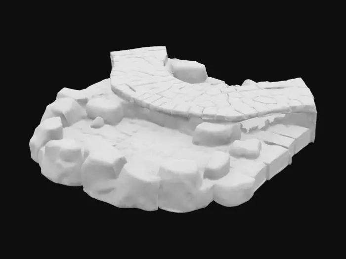 3D model for an bioluminescent ancient pond surrounded by a curved bridge pathway made of weathered stone slabs, each etched with glowing hieroglyphics that pulse softly in hues of aqua, violet, and gold. The stones curve gently into the mist, disappearing into floating clouds or a cosmic void. Some slabs levitate slightly, broken by time but held aloft by unseen forces. Ethereal fog swirls at ground level, with floating particles and light distortions dancing around the glyphs. The surrounding space is abstract—stars bleed into ancient ruins, and gravity feels bent. Light sources come from unknown origins, casting mysterious shadows. , #ocean#