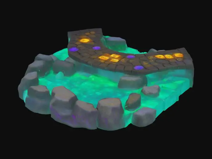 3D model for an bioluminescent ancient pond surrounded by a curved bridge pathway made of weathered stone slabs, each etched with glowing hieroglyphics that pulse softly in hues of aqua, violet, and gold. The stones curve gently into the mist, disappearing into floating clouds or a cosmic void. Some slabs levitate slightly, broken by time but held aloft by unseen forces. Ethereal fog swirls at ground level, with floating particles and light distortions dancing around the glyphs. The surrounding space is abstract—stars bleed into ancient ruins, and gravity feels bent. Light sources come from unknown origins, casting mysterious shadows. , #ocean#