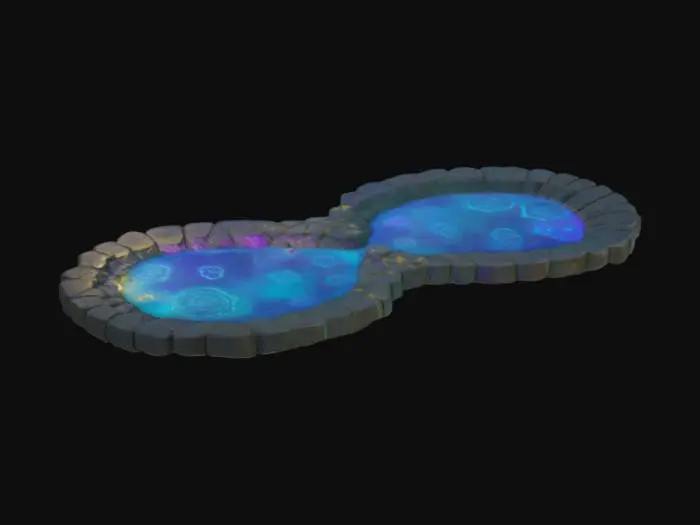 3D model for an bioluminescent ancient pond surrounded by a curved bridge pathway made of weathered stone slabs, each etched with glowing hieroglyphics that pulse softly in hues of aqua, violet, and gold. The stones curve gently into the mist, disappearing into floating clouds or a cosmic void. Some slabs levitate slightly, broken by time but held aloft by unseen forces. Ethereal fog swirls at ground level, with floating particles and light distortions dancing around the glyphs. The surrounding space is abstract—stars bleed into ancient ruins, and gravity feels bent. Light sources come from unknown origins, casting mysterious shadows. , #ocean#