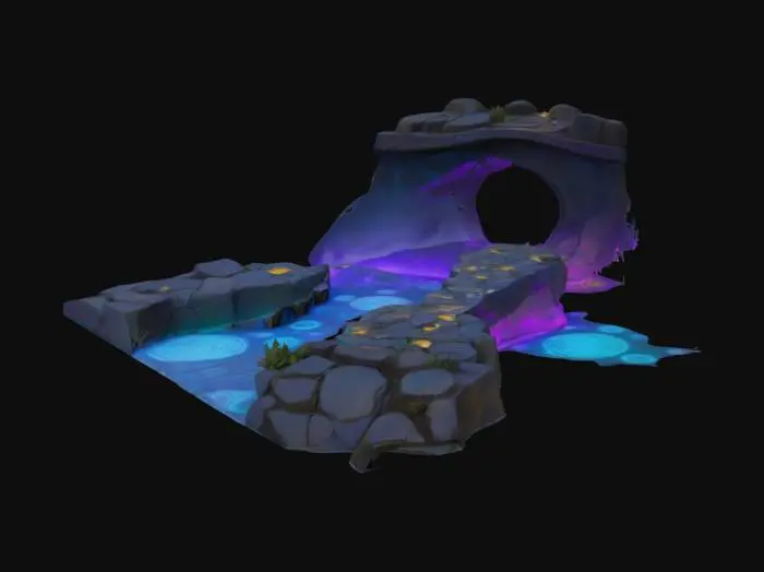 3D model for an bioluminescent ancient pond surrounded by a curved bridge pathway made of weathered stone slabs, each etched with glowing hieroglyphics that pulse softly in hues of aqua, violet, and gold. The stones curve gently into the mist, disappearing into floating clouds or a cosmic void. Some slabs levitate slightly, broken by time but held aloft by unseen forces. Ethereal fog swirls at ground level, with floating particles and light distortions dancing around the glyphs. The surrounding space is abstract—stars bleed into ancient ruins, and gravity feels bent. Light sources come from unknown origins, casting mysterious shadows. , #ocean#