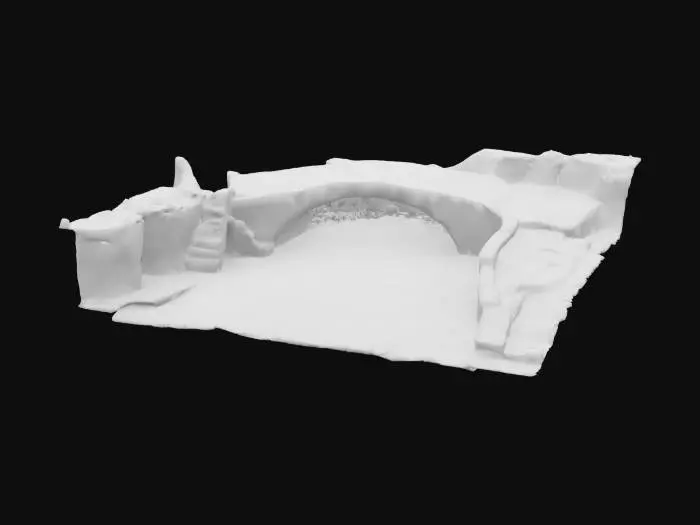 3D model for an bioluminescent ancient pond surrounded by a curved bridge pathway made of weathered stone slabs, each etched with glowing hieroglyphics that pulse softly in hues of aqua, violet, and goldte slightly, broken by time but held aloft by unseen forces. #ocean#