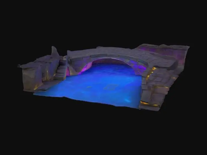3D model for an bioluminescent ancient pond surrounded by a curved bridge pathway made of weathered stone slabs, each etched with glowing hieroglyphics that pulse softly in hues of aqua, violet, and goldte slightly, broken by time but held aloft by unseen forces. #ocean#