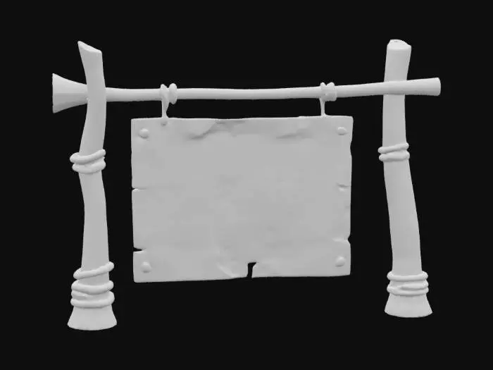 3D model for an ancient billboard made of aged animal bone, suspended with ancient rope. The bone frame of the billboard is etched with hieroglyphics and has a glowing aura of red, black, and gold hue. Ultra realistic and surreal. 
