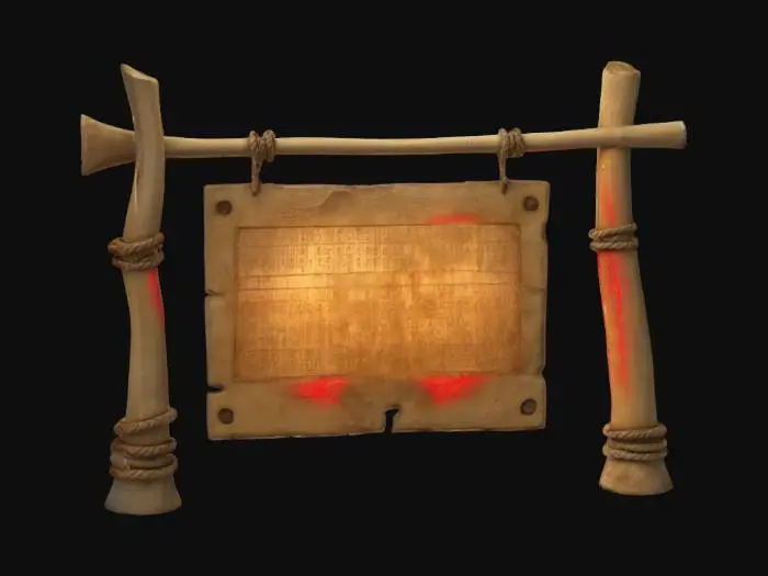 3D model for an ancient billboard made of aged animal bone, suspended with ancient rope. The bone frame of the billboard is etched with hieroglyphics and has a glowing aura of red, black, and gold hue. Ultra realistic and surreal. 
