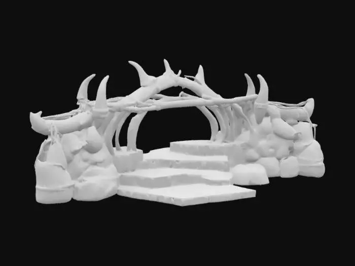3D model for ancient bridge made of animal bone and weathered bioluminescent rope. The bone steps for the bridge are carved with red and gold hieroglyphics. Ultra Realistic. PBR rendering