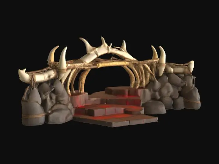 3D model for ancient bridge made of animal bone and weathered bioluminescent rope. The bone steps for the bridge are carved with red and gold hieroglyphics. Ultra Realistic. PBR rendering