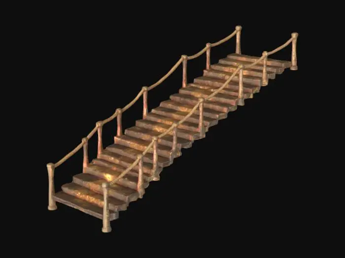 3D model for ancient bridge made of animal bone and weathered bioluminescent rope. The bone steps for the bridge are carved with red and gold hieroglyphics. Ultra Realistic. PBR rendering