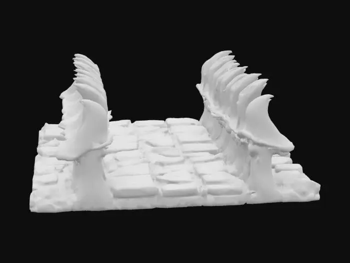 3D model for ancient bridge made of animal bone and weathered bioluminescent rope. The bone steps for the bridge are aged and carved with purple glowing hieroglyphics. Ultra Realistic. 